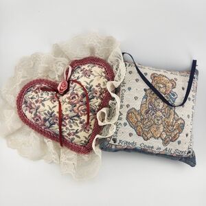 Vintage Floral Heart and Bear Accent Pillows Or Door Hangers. Lot of 2!